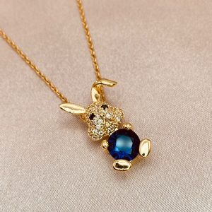 18K Gold Adorable Rabbit Dark Blue CZ Pendant Dainty Chain Necklace